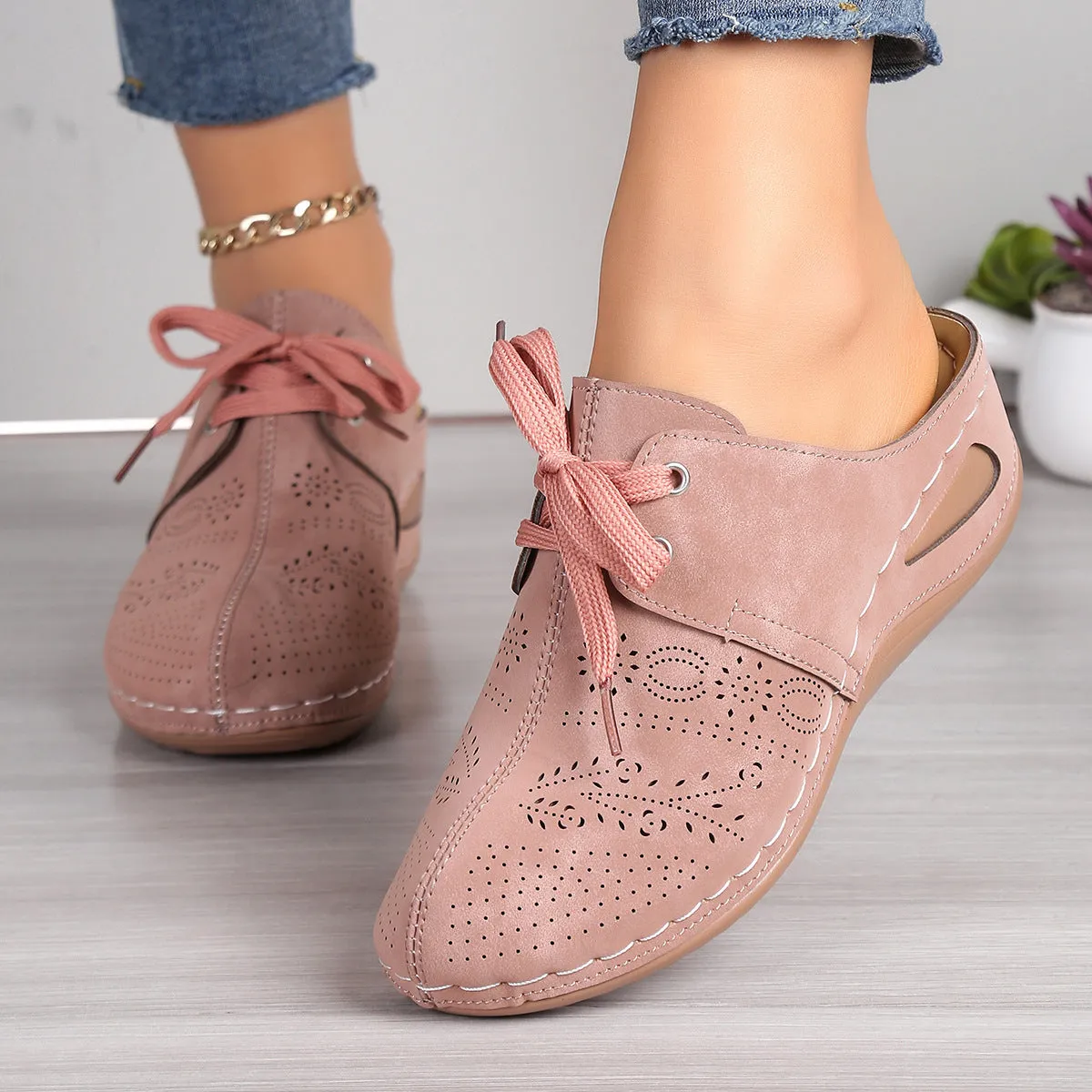 Women's lace-up baotou slippers with hollow out wedges in suede and rubber