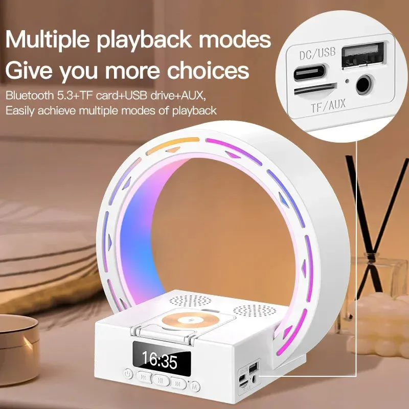 4-in-1 wireless Bluetooth speaker charging pad bedside lamp with alarm clock wake-up light in bedroom