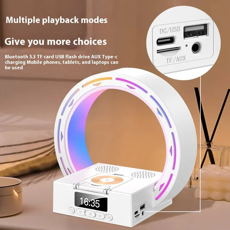 4-in-1 wireless Bluetooth speaker charging pad bedside lamp with alarm clock wake-up light in bedroom
