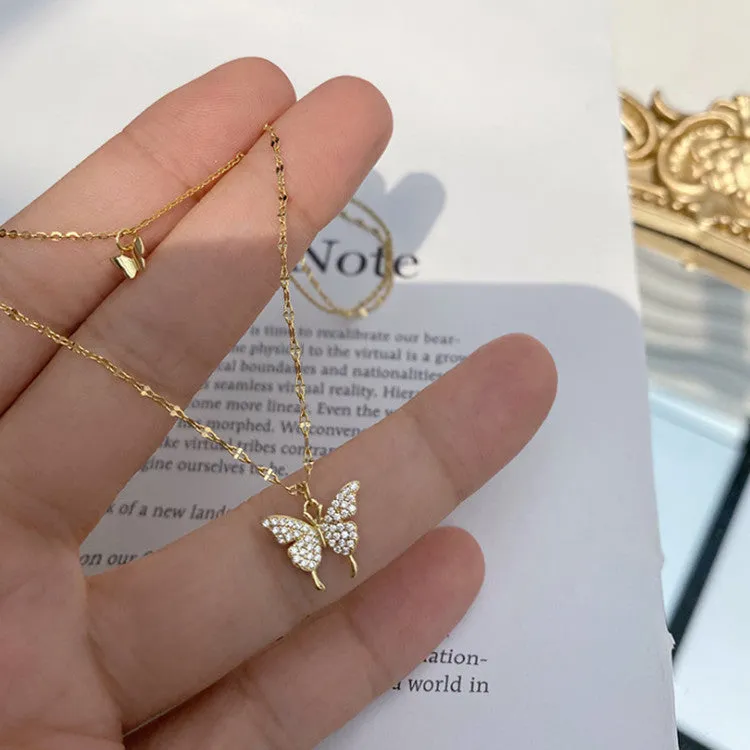 Silver colour double layer clavicle chain necklace with shiny butterfly pendant on copper base