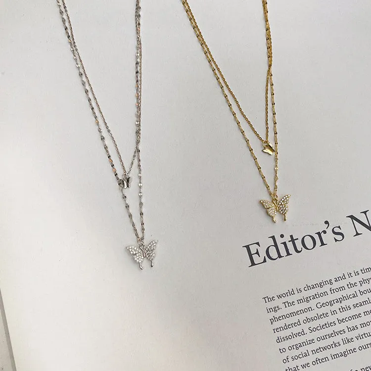 Silver colour double layer clavicle chain necklace with shiny butterfly pendant on copper base