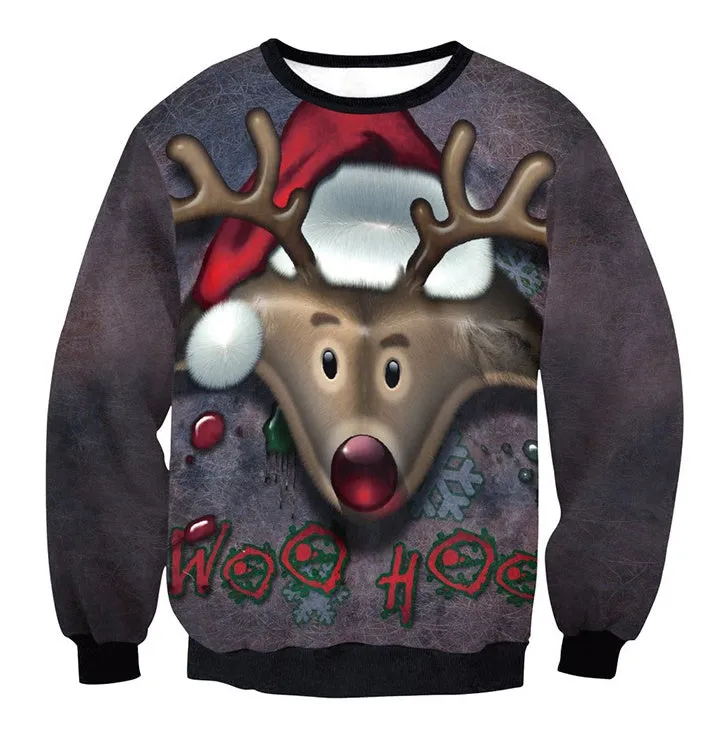 Unisex funny cartoon Christmas sweater pullover in cotton with O-neck and full sleeves