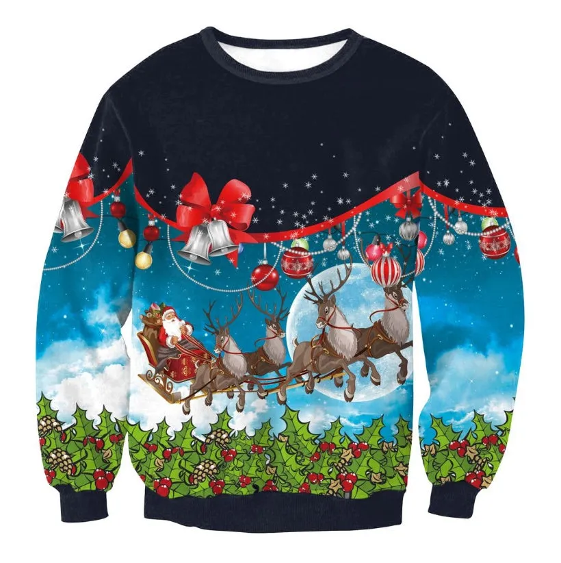 Unisex funny cartoon Christmas sweater pullover in cotton with O-neck and full sleeves