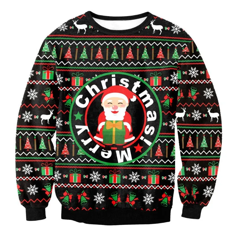 Unisex funny cartoon Christmas sweater pullover in cotton with O-neck and full sleeves