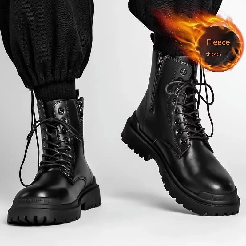 Men's black and brown waterproof mid-top boots with non-slip rubber soles