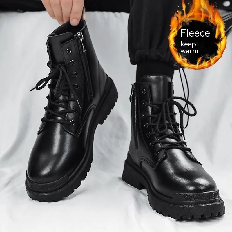 Men's black and brown waterproof mid-top boots with non-slip rubber soles