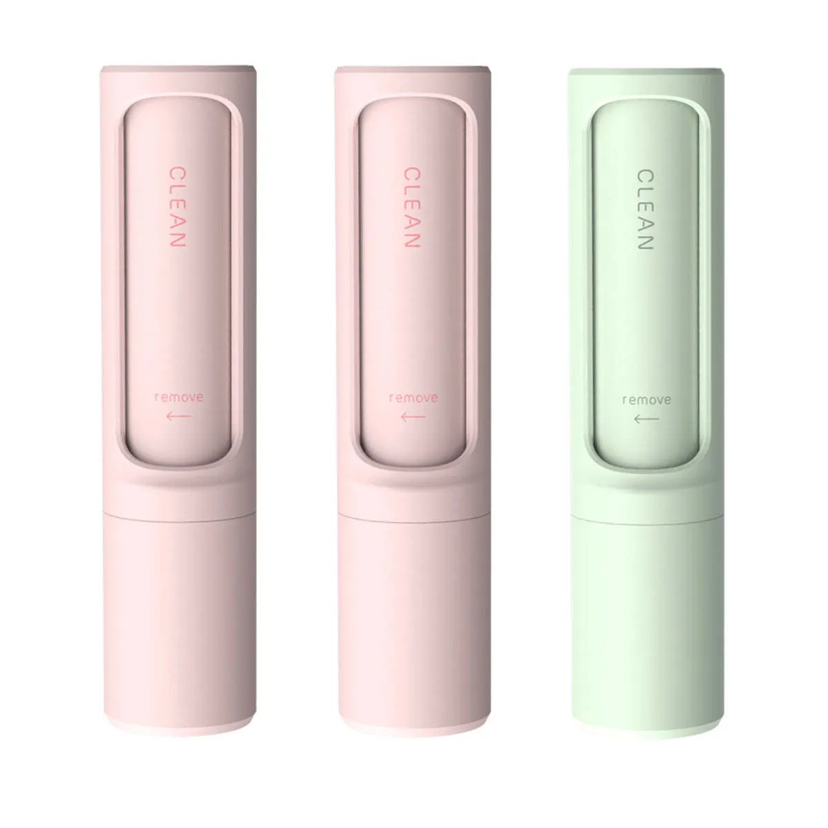 Rotating cylinder electrostatic pet hair removal brush in light pink with ABS body on a white background