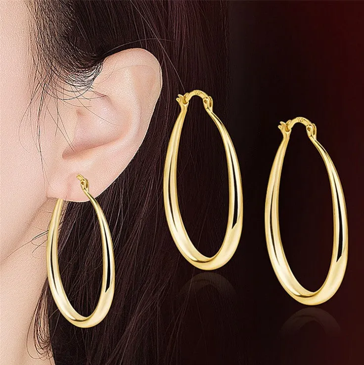 Geometric oval earrings for women, gold electroplated metal with alloy inlaid artificial gems