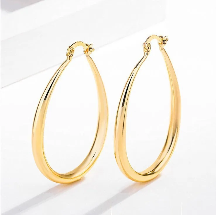 Geometric oval earrings for women, gold electroplated metal with alloy inlaid artificial gems