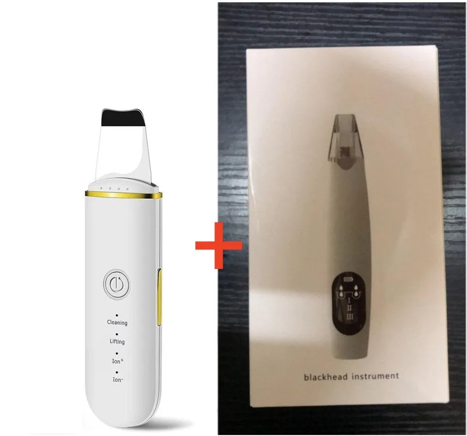 Ultrasonic facial cleanser peeling machine in hand, stainless steel shovel head, black and white model, 169x42mm