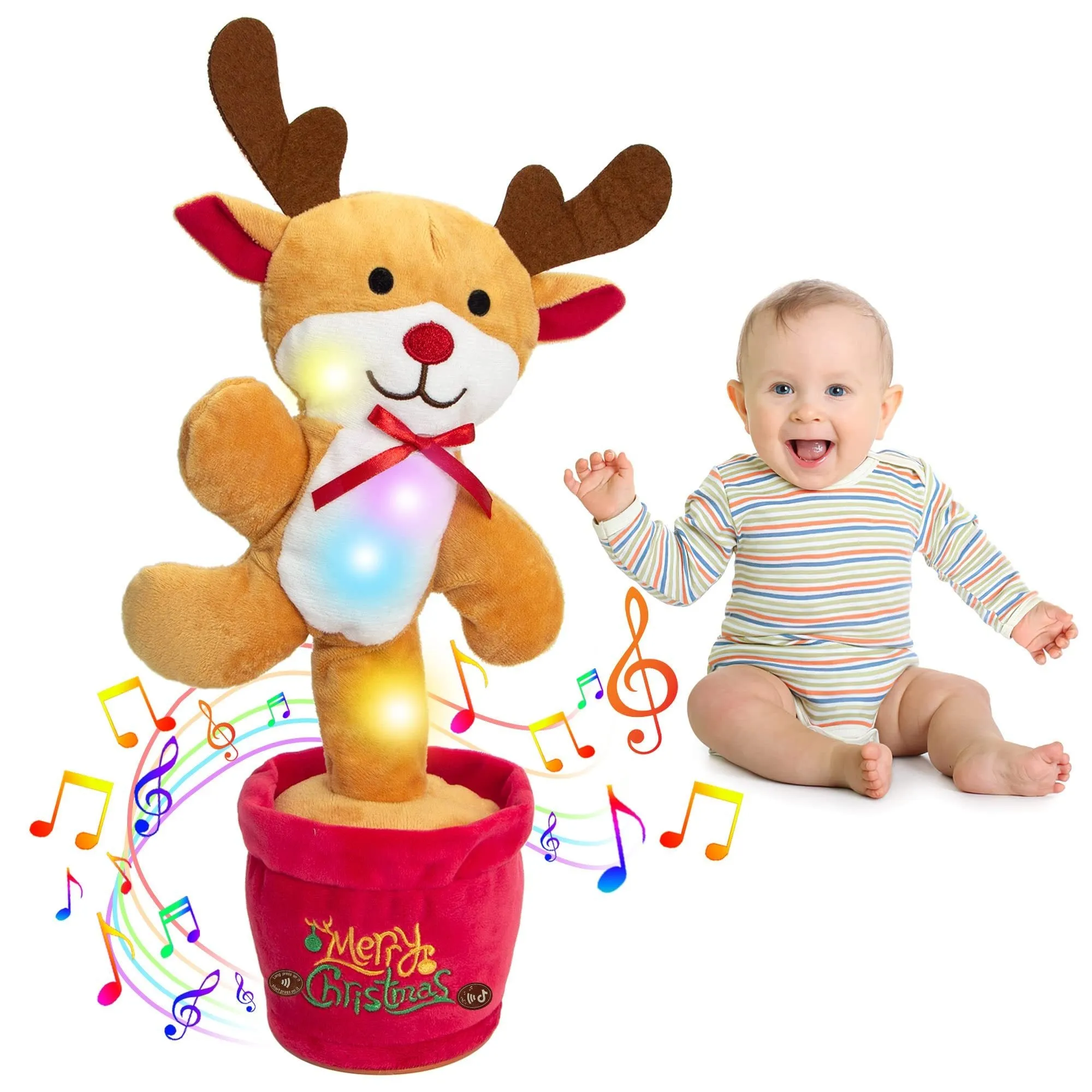 Soft dancing Christmas reindeer plush toy with recording and music functions, 32cm tall