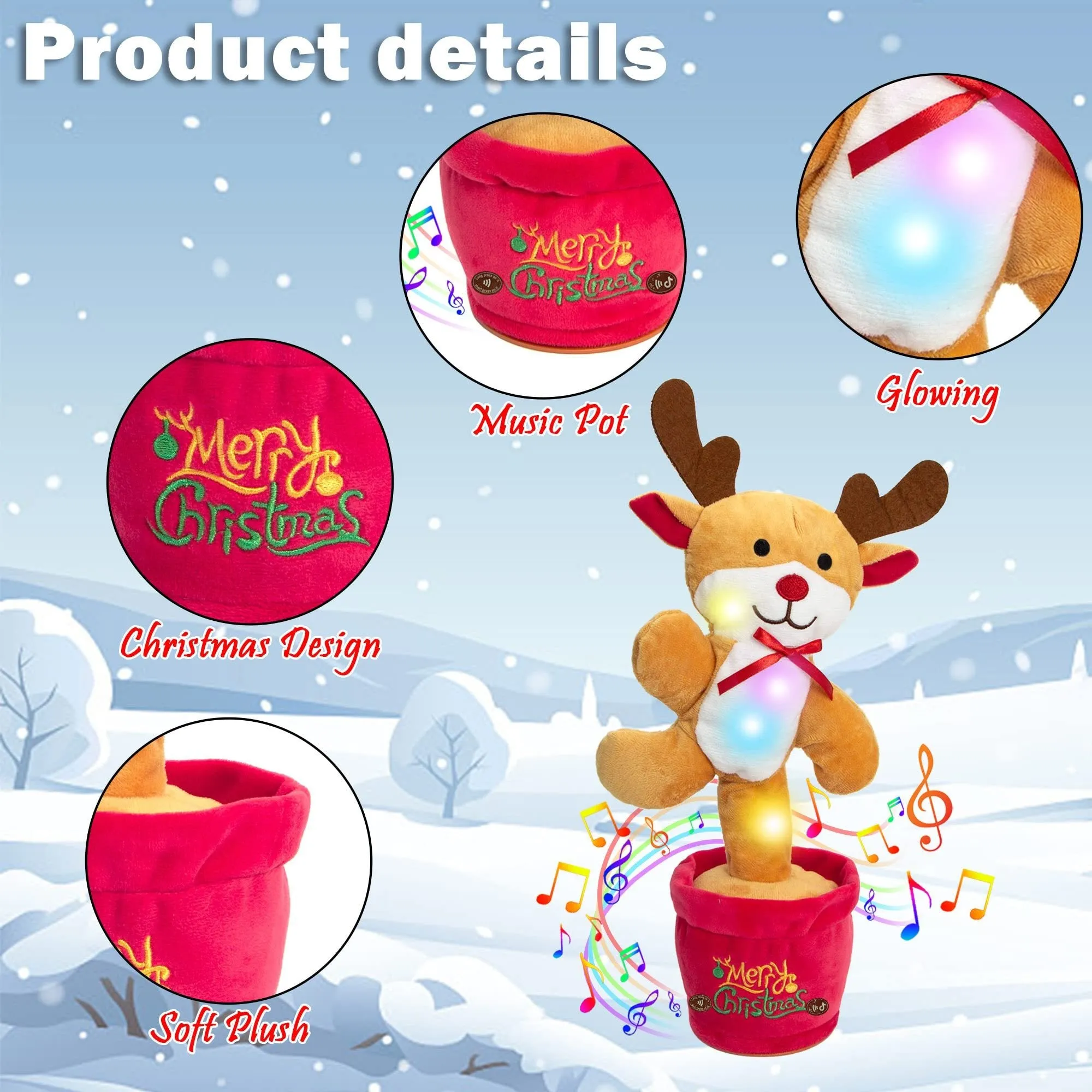 Soft dancing Christmas reindeer plush toy with recording and music functions, 32cm tall