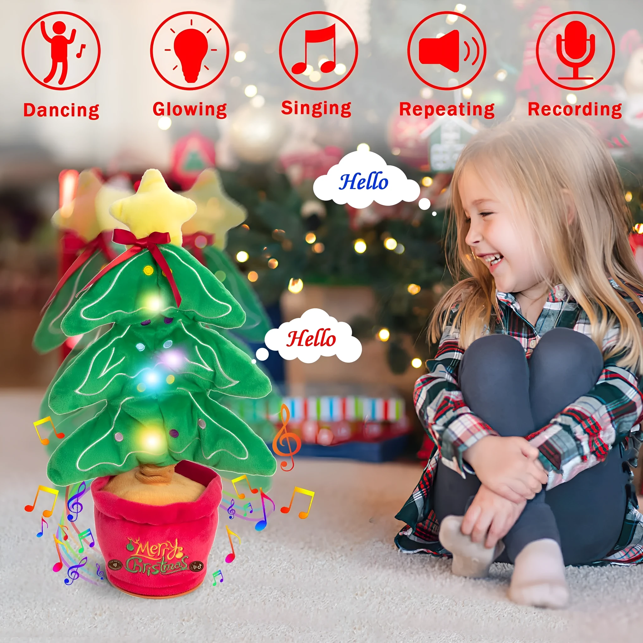 Soft dancing Christmas reindeer plush toy with recording and music functions, 32cm tall