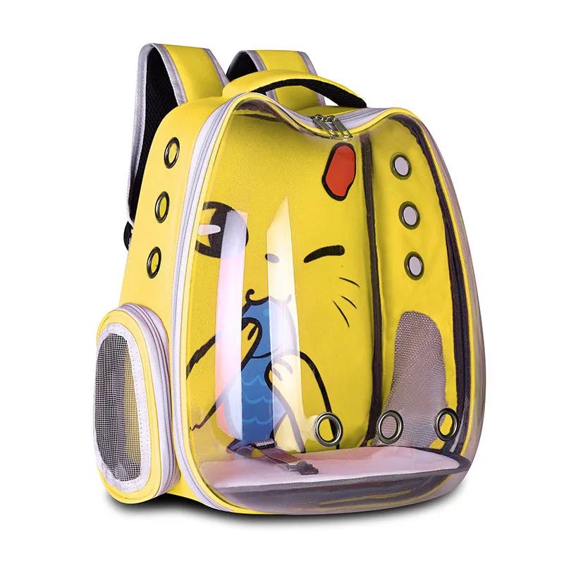 Yellow hard shell pet backpack with nylon body and shoulder straps for cats or small dogs