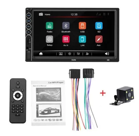 7 inch double DIN car MP5 player with TFT touchscreen, USB, SD, and Bluetooth connectivity
