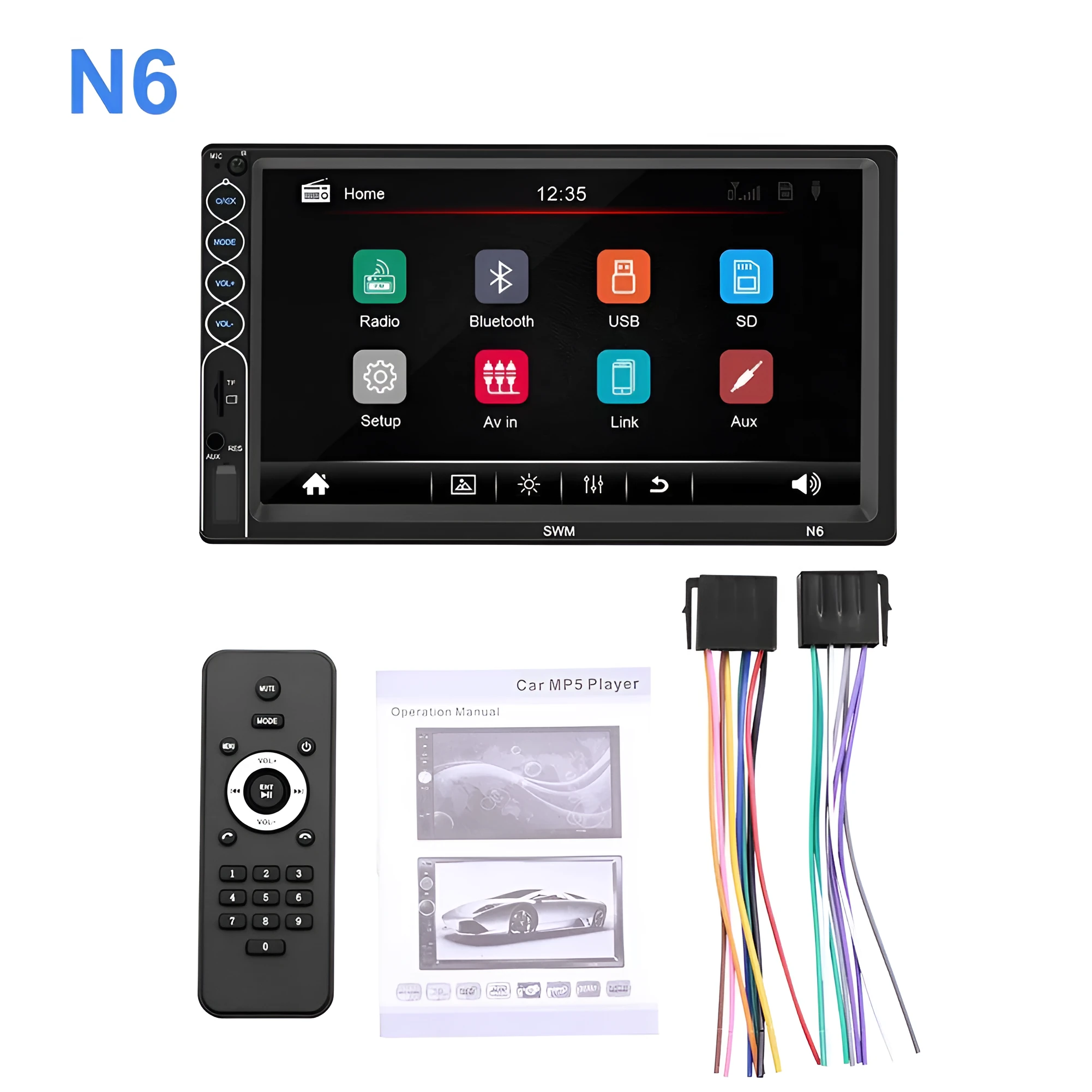 7 inch double DIN car MP5 player with TFT touchscreen, USB, SD, and Bluetooth connectivity