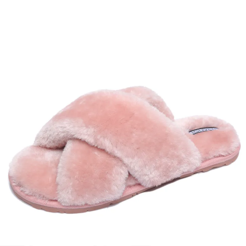 Women's cross open-toe fur slippers in multiple colours on a patterned non-slip rubber sole.