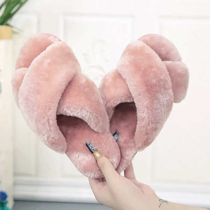 Women's cross open-toe fur slippers in multiple colours on a patterned non-slip rubber sole.
