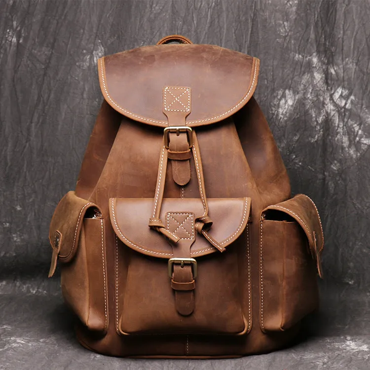 Women crazy horse leather backpack oval shape black brown drawstring buckle flap pockets first layer cowhide