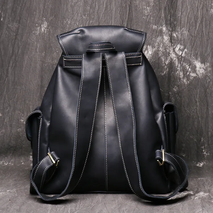 Women crazy horse leather backpack oval shape black brown drawstring buckle flap pockets first layer cowhide
