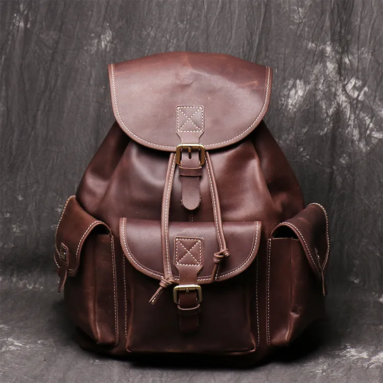 Women crazy horse leather backpack oval shape black brown drawstring buckle flap pockets first layer cowhide
