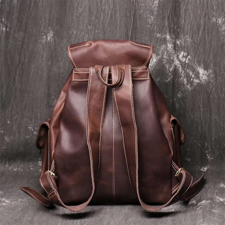Women crazy horse leather backpack oval shape black brown drawstring buckle flap pockets first layer cowhide