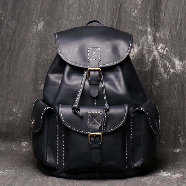 Women crazy horse leather backpack oval shape black brown drawstring buckle flap pockets first layer cowhide