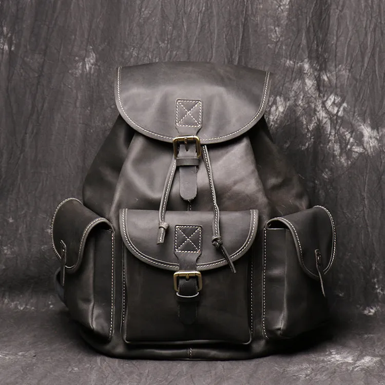 Women crazy horse leather backpack oval shape black brown drawstring buckle flap pockets first layer cowhide
