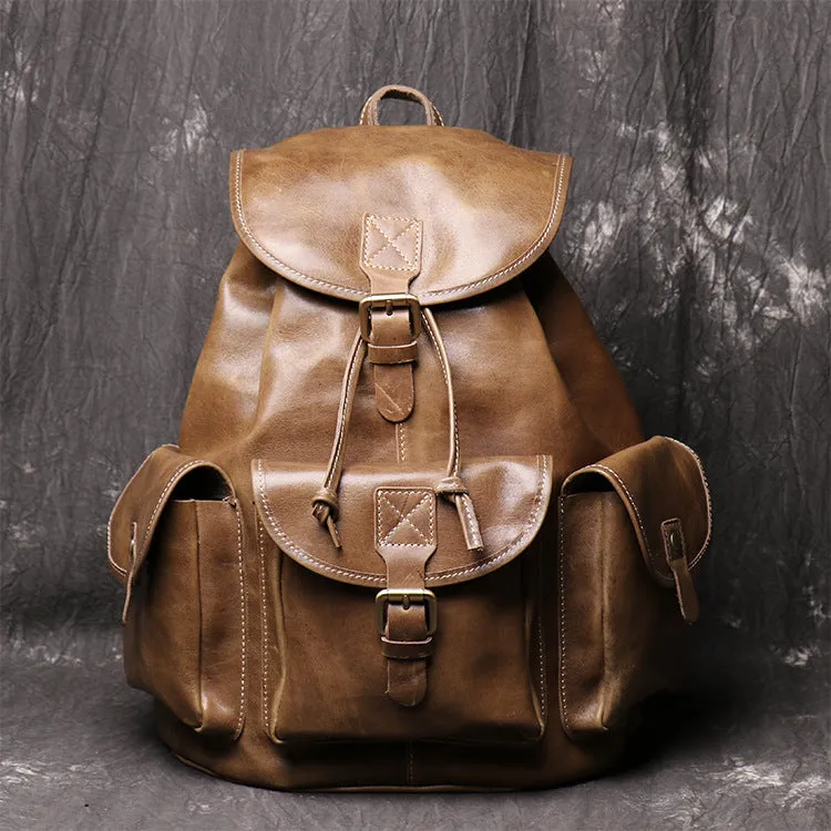 Women crazy horse leather backpack oval shape black brown drawstring buckle flap pockets first layer cowhide