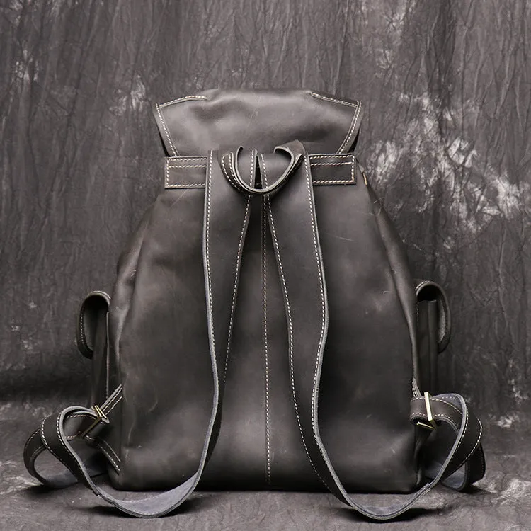 Women crazy horse leather backpack oval shape black brown drawstring buckle flap pockets first layer cowhide