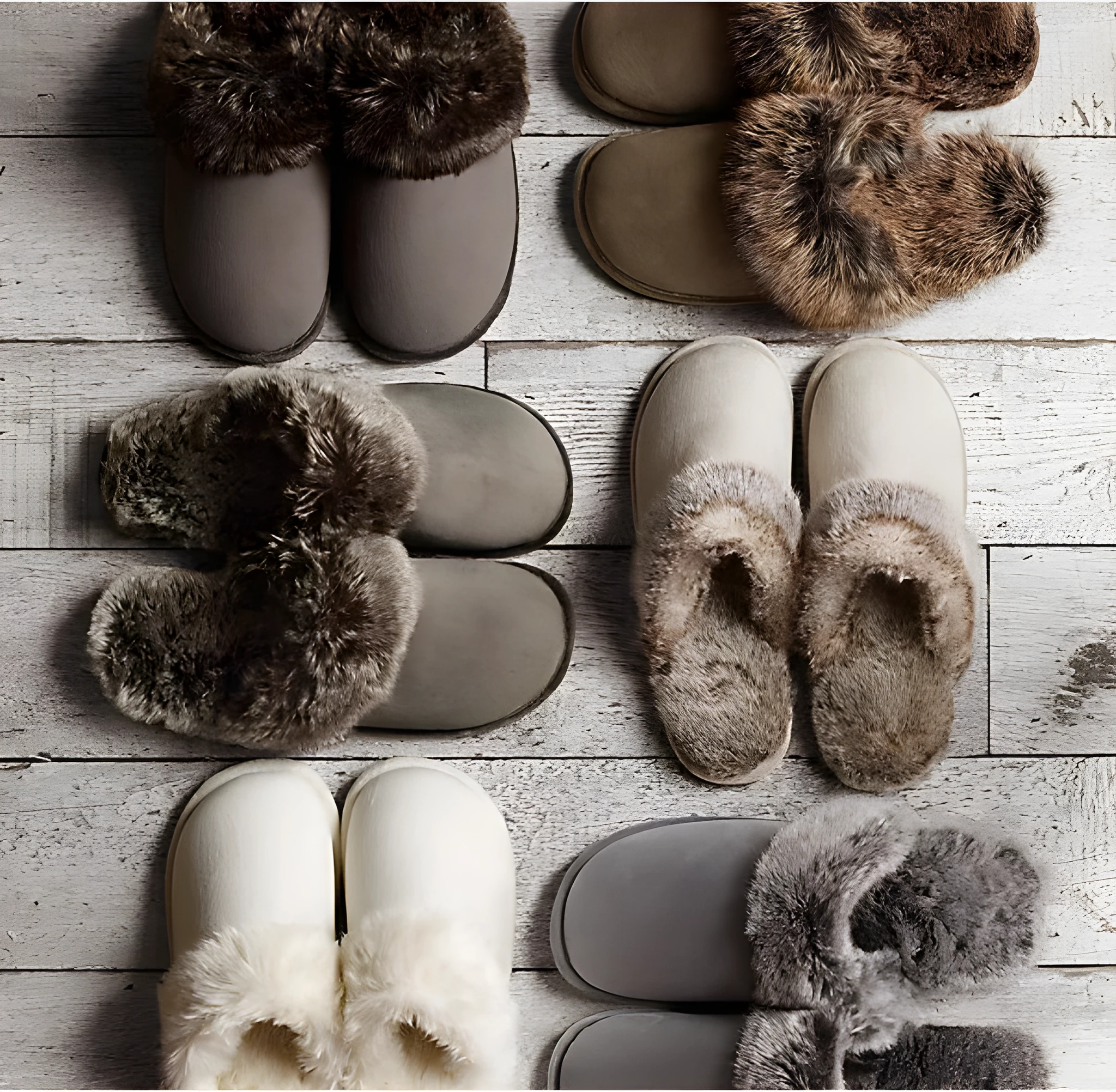 Couple wearing warm beige suede wool slippers with non-slip rubber sole indoors