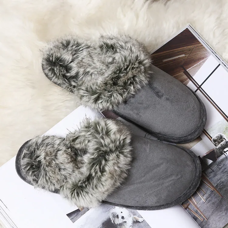 Couple wearing warm beige suede wool slippers with non-slip rubber sole indoors