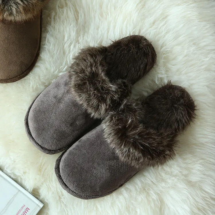 Couple wearing warm beige suede wool slippers with non-slip rubber sole indoors