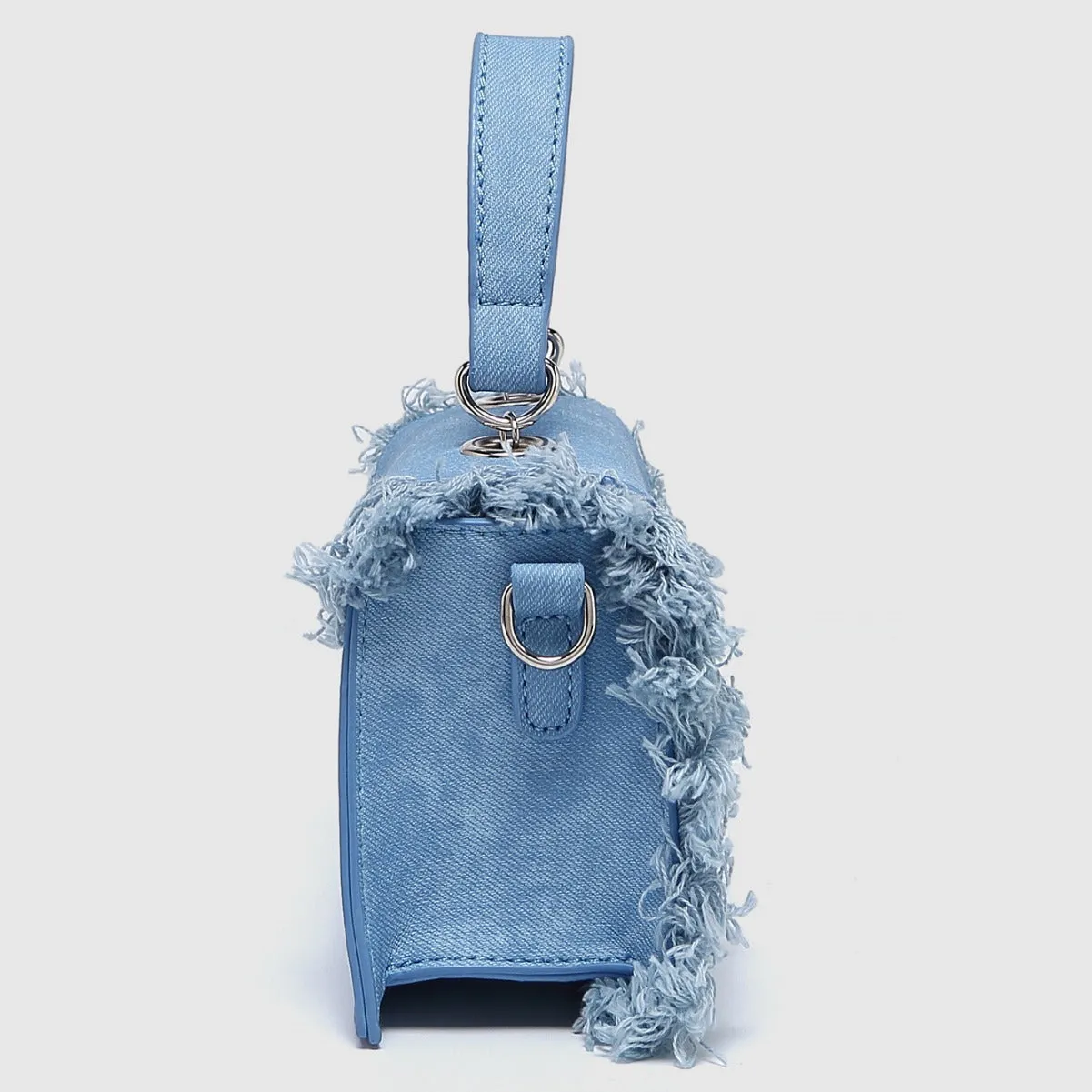 Retro tassel mini crossbody bag in denim blue, PU material, crossbody strap, compact size for women's daily use