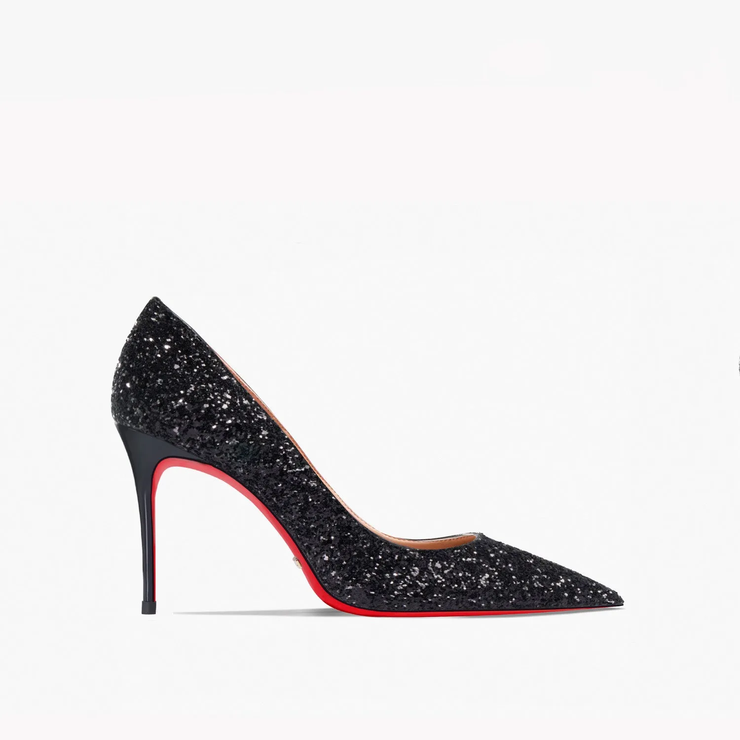 Women's black and silver sequin super pointed high heel shoes with 12cm slim stiletto heel