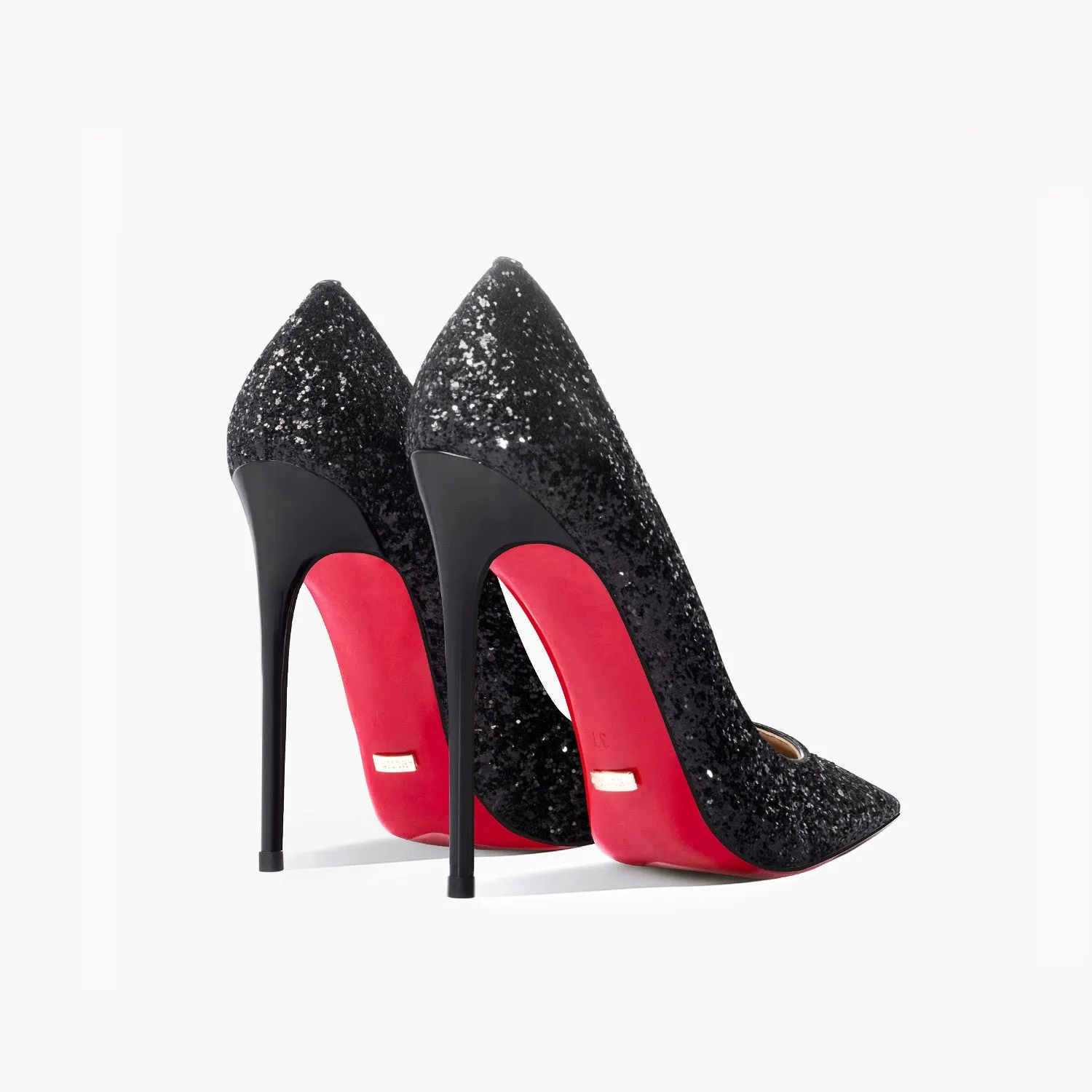 Women's black and silver sequin super pointed high heel shoes with 12cm slim stiletto heel