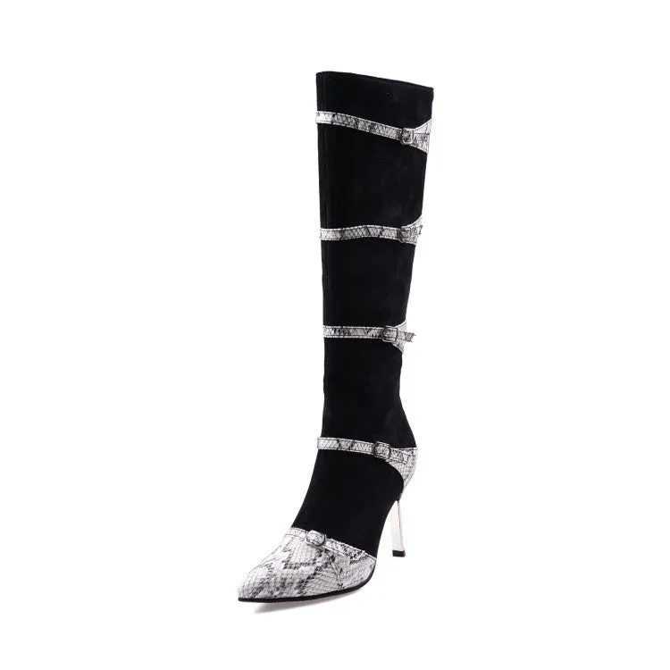 Grey and black women's knee high stiletto boots with a 9cm thin heel and velvet lining