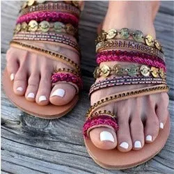 Red bohemian beach sandals with flower detail, artificial PU upper, fish mouth toe design for women