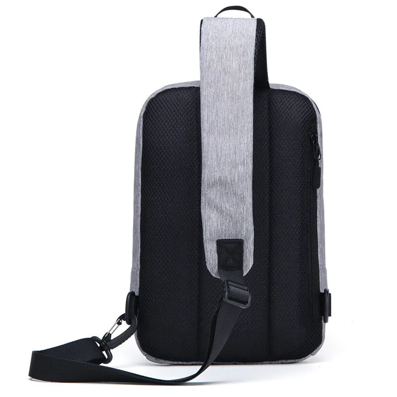Men's Oxford cloth chest bag with zipper closure, embossed pattern, and car suture detailing in black 21x8x32cm