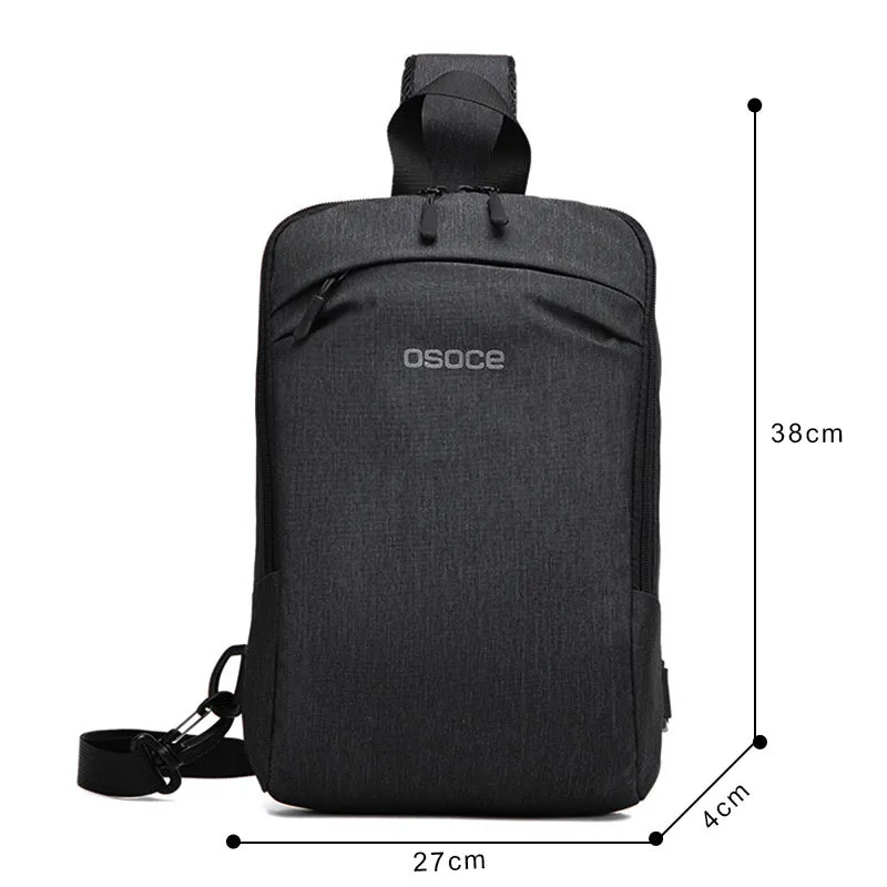 Men's Oxford cloth chest bag with zipper closure, embossed pattern, and car suture detailing in black 21x8x32cm