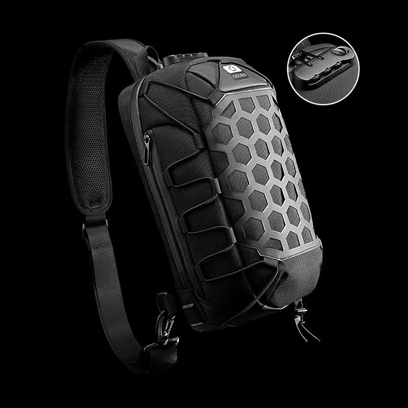 Black sports chest bag made from Oxford cloth with zipper closure and multiple internal pockets