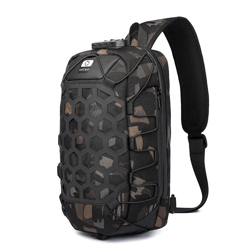 Black sports chest bag made from Oxford cloth with zipper closure and multiple internal pockets