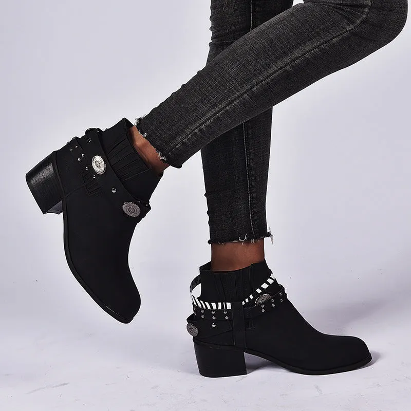 Women's vintage high heel shoes with tassel detail, round toe, back-tie fastening, thick block heel, black or brown