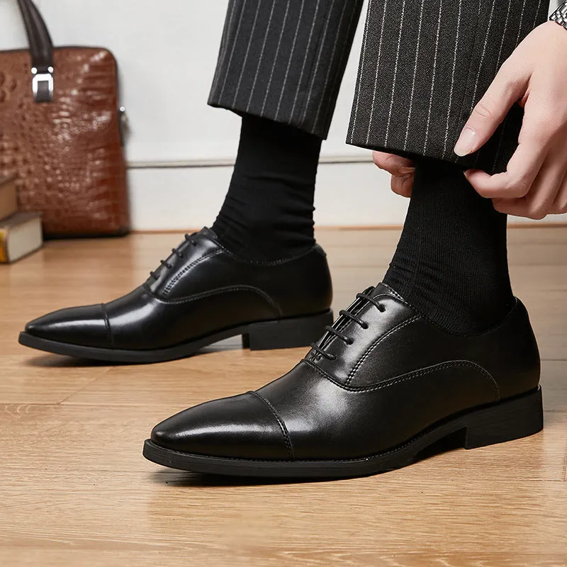 Men's genuine leather Oxford business formal shoes with height increasing insole, black colour, low top