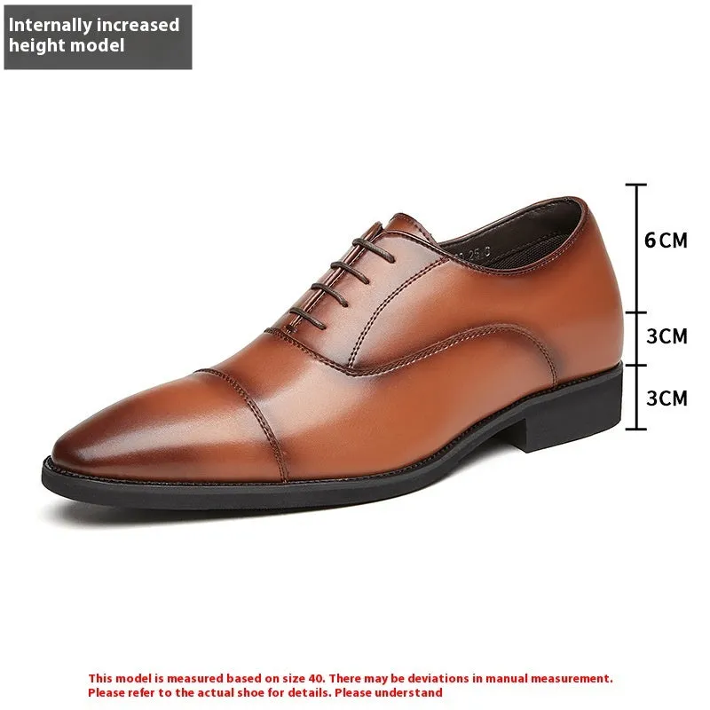 Men's genuine leather Oxford business formal shoes with height increasing insole, black colour, low top