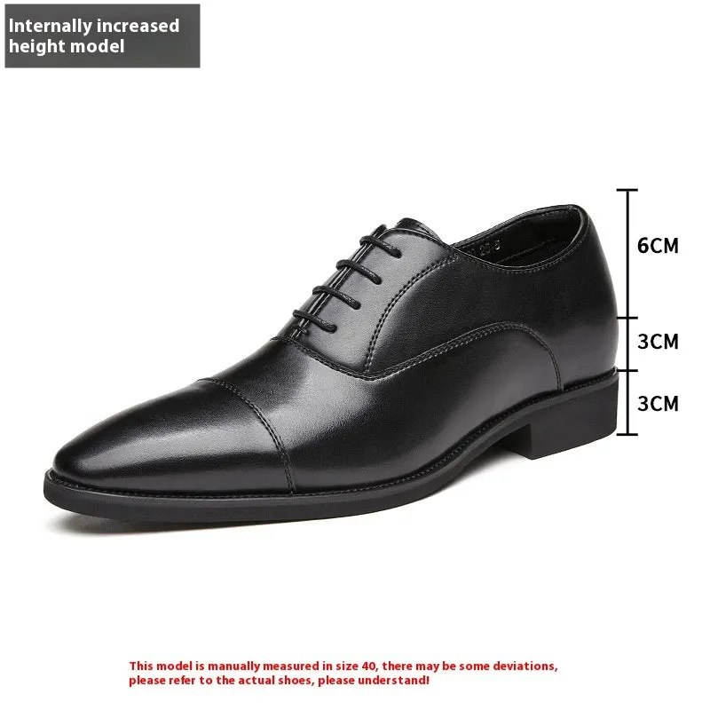 Men's genuine leather Oxford business formal shoes with height increasing insole, black colour, low top