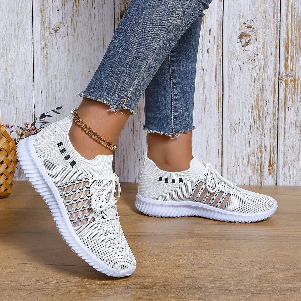 Beige lace-up mesh sneakers with round toe, rubber sole, and PU insole on a flat surface