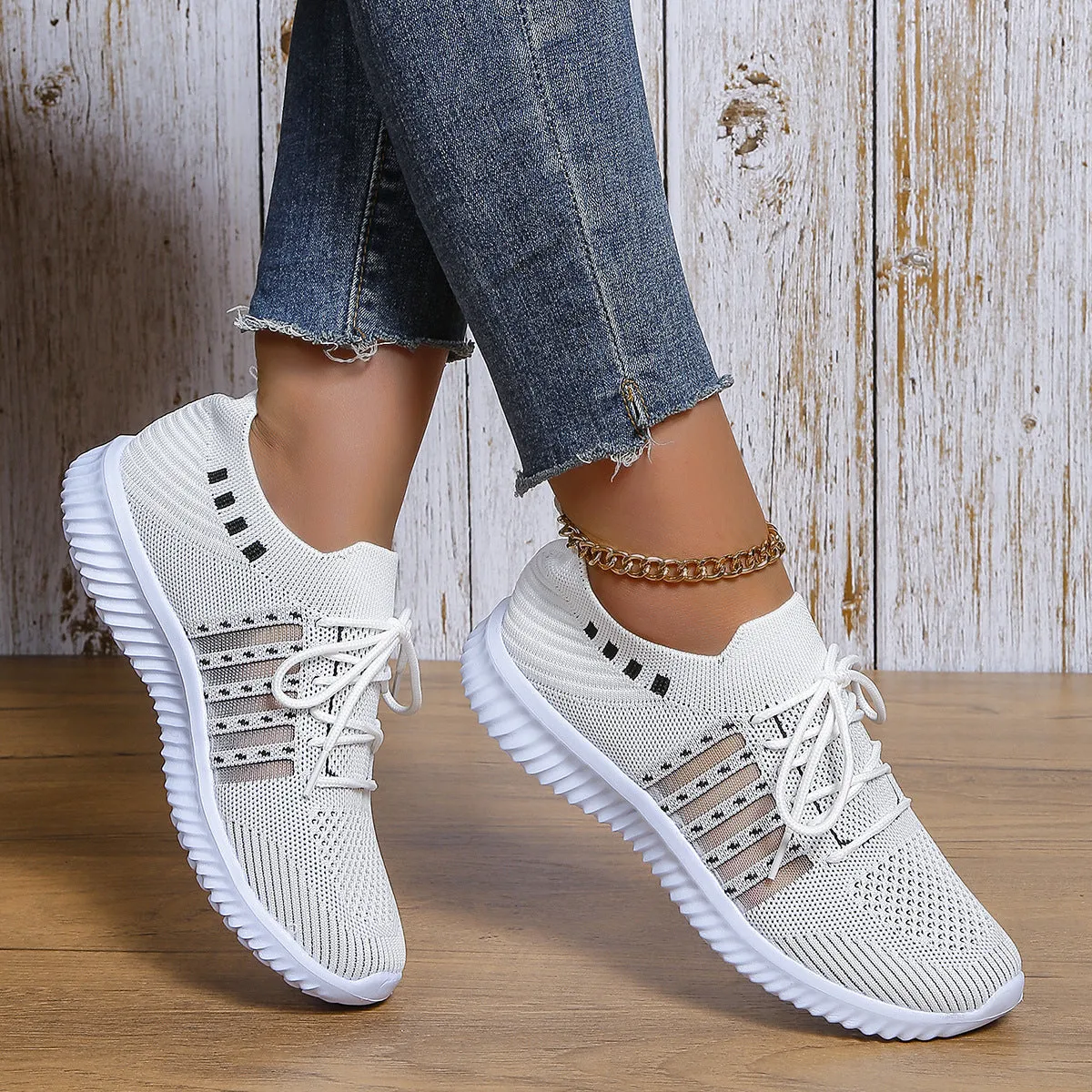 Beige lace-up mesh sneakers with round toe, rubber sole, and PU insole on a flat surface