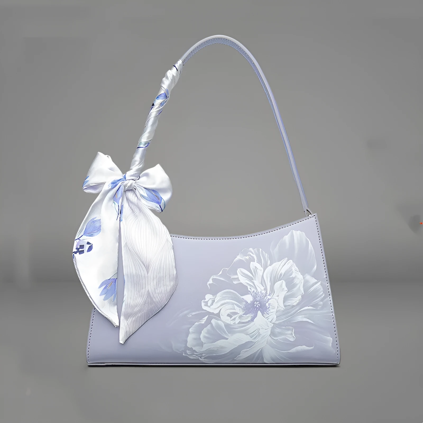 Light purple cowhide leather handbag with zipper closure, compact size for everyday use