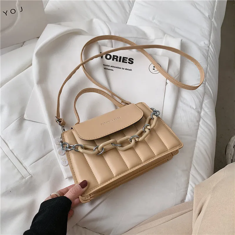 Women's PU chain crossbody shoulder bag with diamond grid pattern, horizontal square shape, in khaki